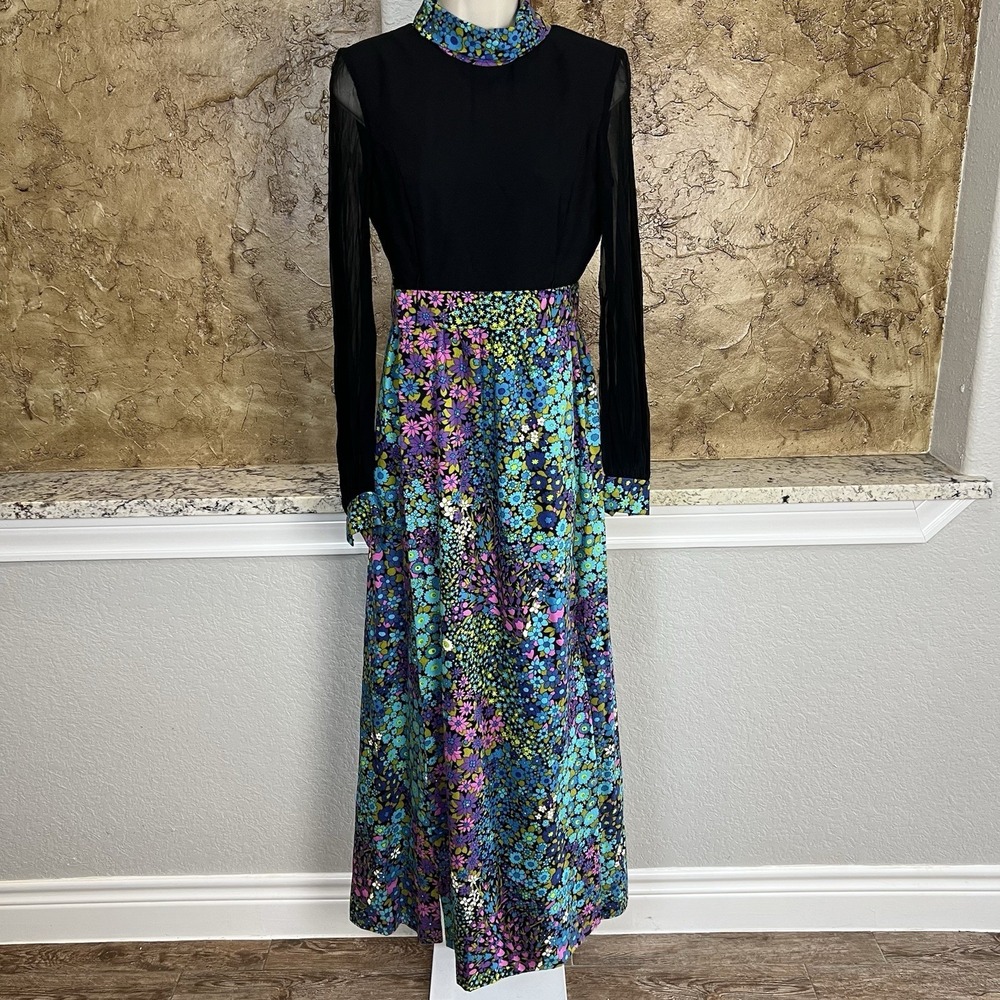 Vintage Futura Couture Maxi‎ Dress Women's 8 Floral Sheer Sleeve Colorful 70s